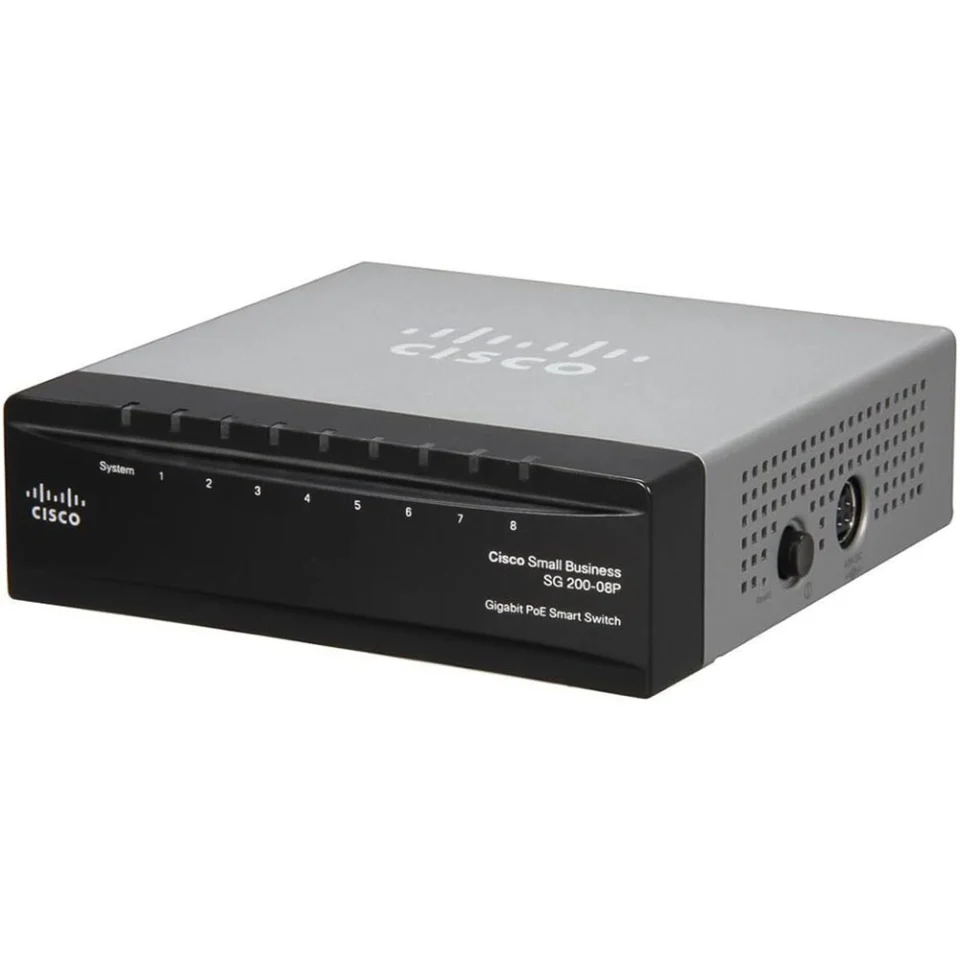 Mặt trước góc nghiêng trái Switch chia mạng Cisco SG200-08P