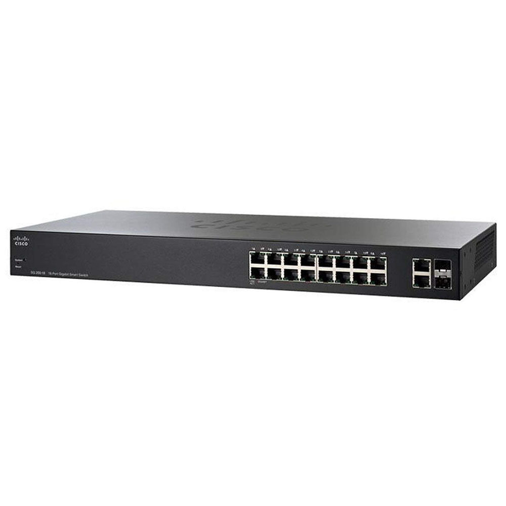 góc nghiêng trái mặt trước Switch chia mạng Cisco SG200-18