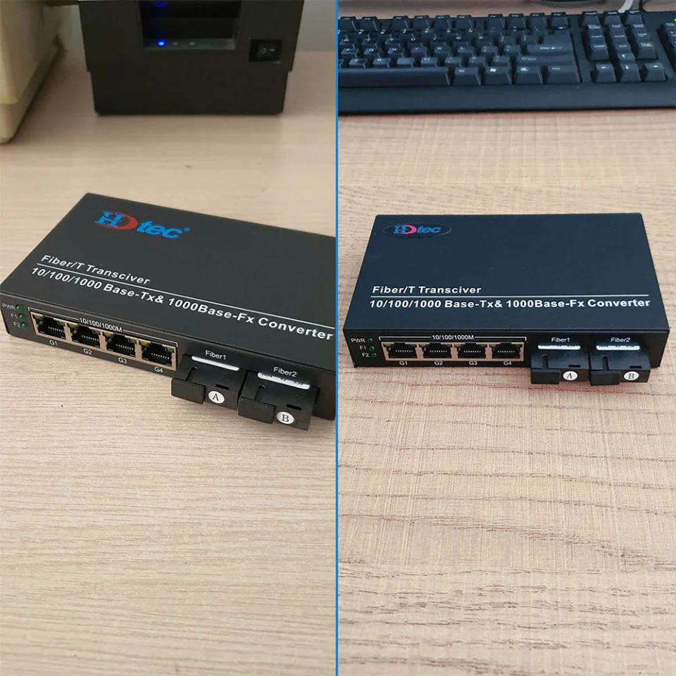 Converter quang 2 sợi HDTec Gigabit + 4 cổng RJ45