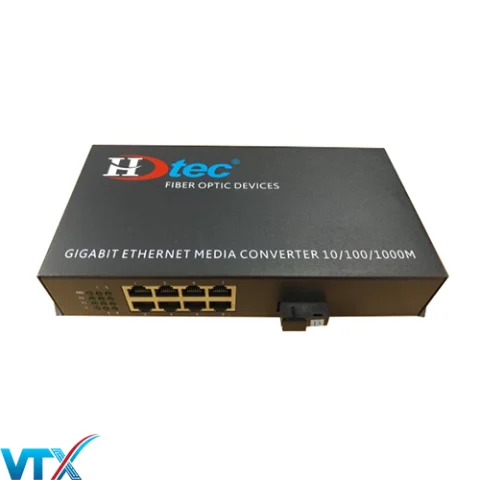 Bộ chuyển đổi quang điện 1 sợi HDTec + 8 cổng RJ45 25km