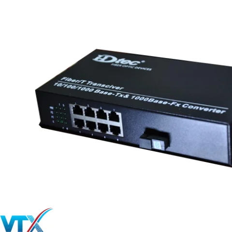 Converter quang 1 sợi + 8 cổng PoE HDTec tốc độ 1000M