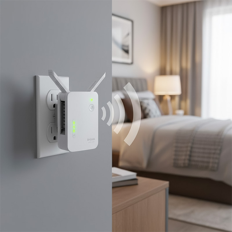Bộ kích sóng Wifi D-Link DAP-1330 được đặt trong phòng ngủ để tăng sóng wifi