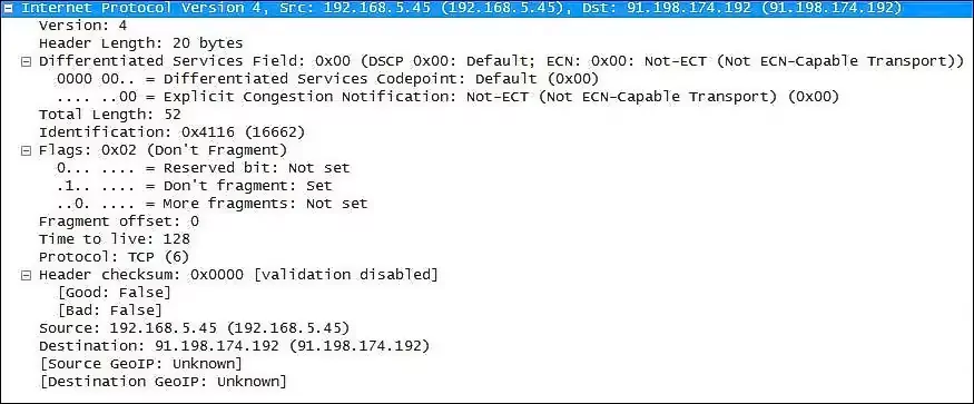 ví dụ tiêu đề IP được ghi bằng wireshark