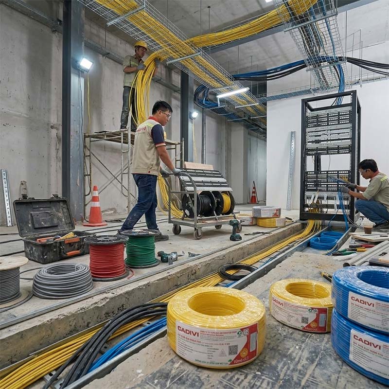 dây điện đơn VCm cadivi đang được thi công...