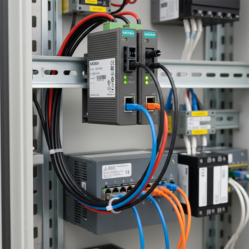 Ảnh thực tế Bộ chuyển đổi quang điện công nghiệp Moxa IMC-21-M-SC đã được lắp đặt