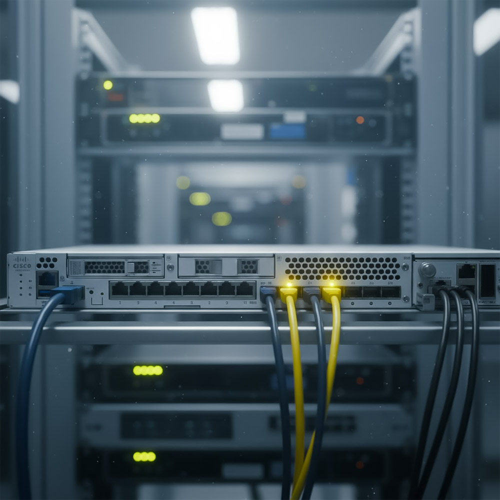 các cổng kết nối Cisco FPR3 được lắp đặt trong tủ rack