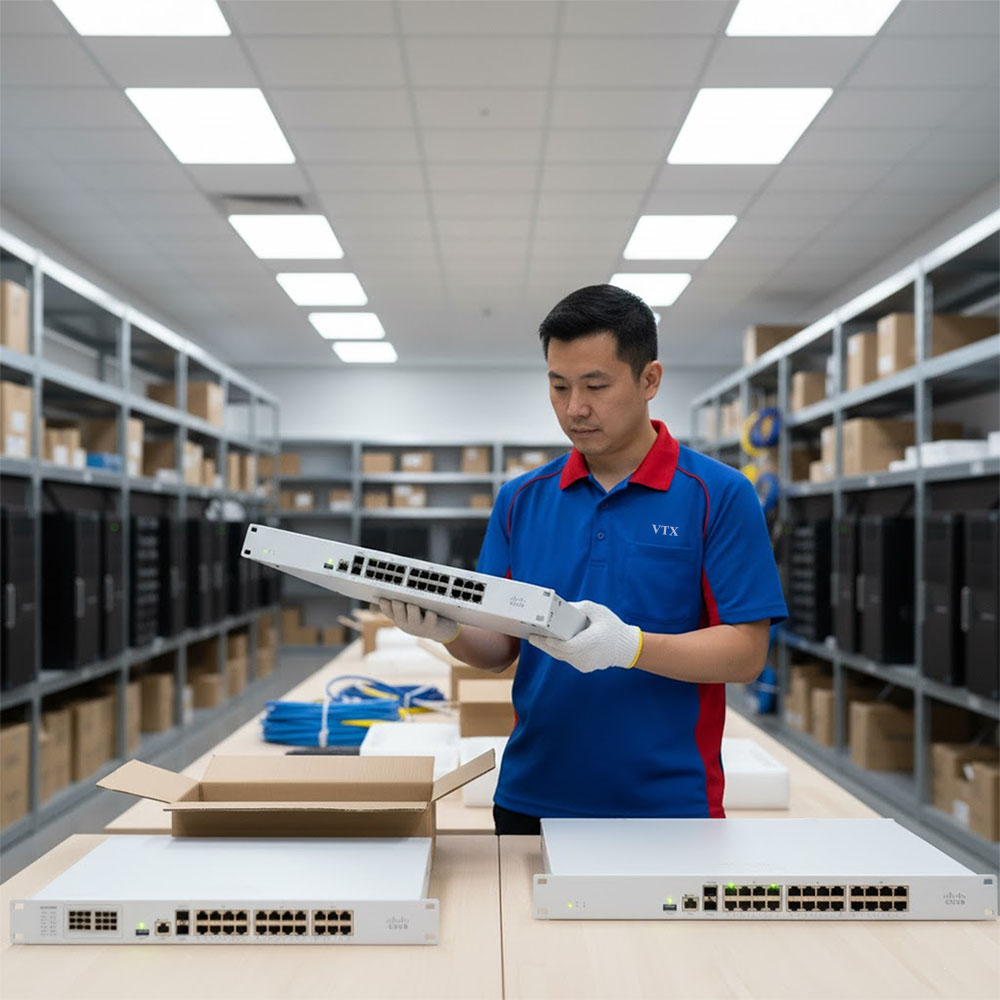 kỹ thuật viên đang kiểm tra Tường lửa Cisco Meraki MX450