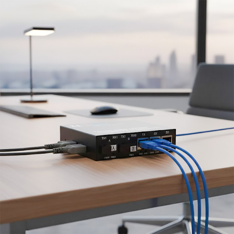 Ảnh thực tế Converter 2 cổng quang + 3 cổng RJ45 100M HDtec