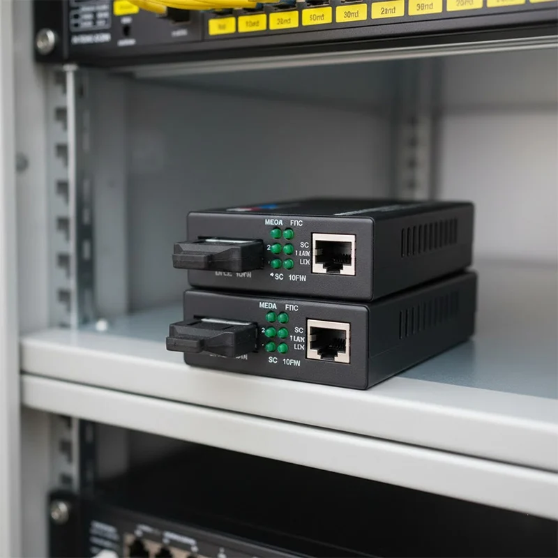 Ảnh thực tế của bộ chuyển đổi Ethernet HDtec 2 sợi quang và 1 cổng RJ45 100Mbps_1G