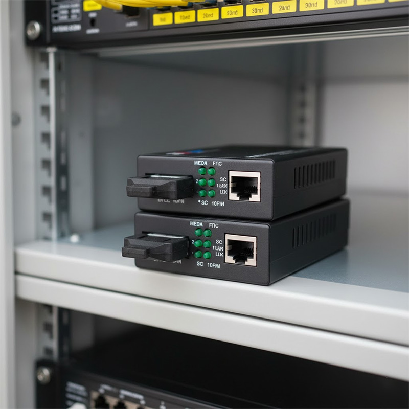 Ảnh thực tế của bộ chuyển đổi Ethernet HDtec 2 sợi quang và 1 cổng RJ45 100Mbps_1G
