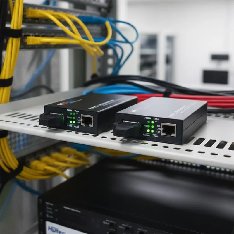 Bộ chuyển đổi Ethernet HDtec 2 sợi quang và 1 cổng RJ45 100Mbps_1G được chuẩn bị lắp đặt