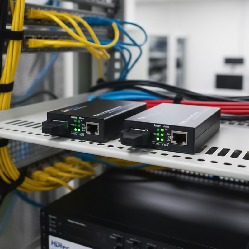 Bộ chuyển đổi Ethernet HDtec 2 sợi quang và 1 cổng RJ45 100Mbps_1G được chuẩn bị lắp đặt
