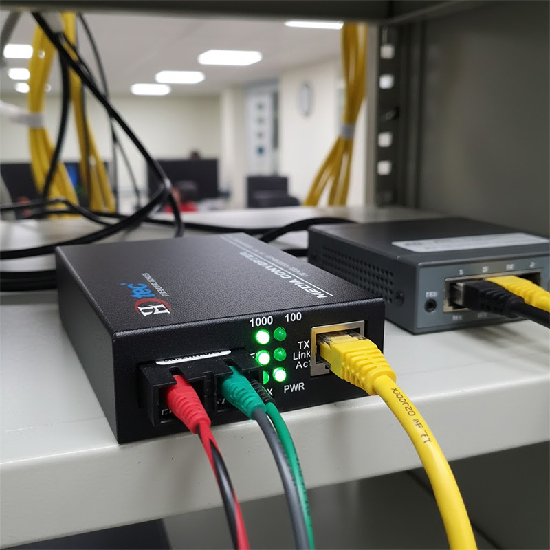 Bộ chuyển đổi Ethernet HDtec 2 sợi quang và 1 cổng RJ45 100Mbps_1G được lắp đặt trong phòng mạng nhỏ