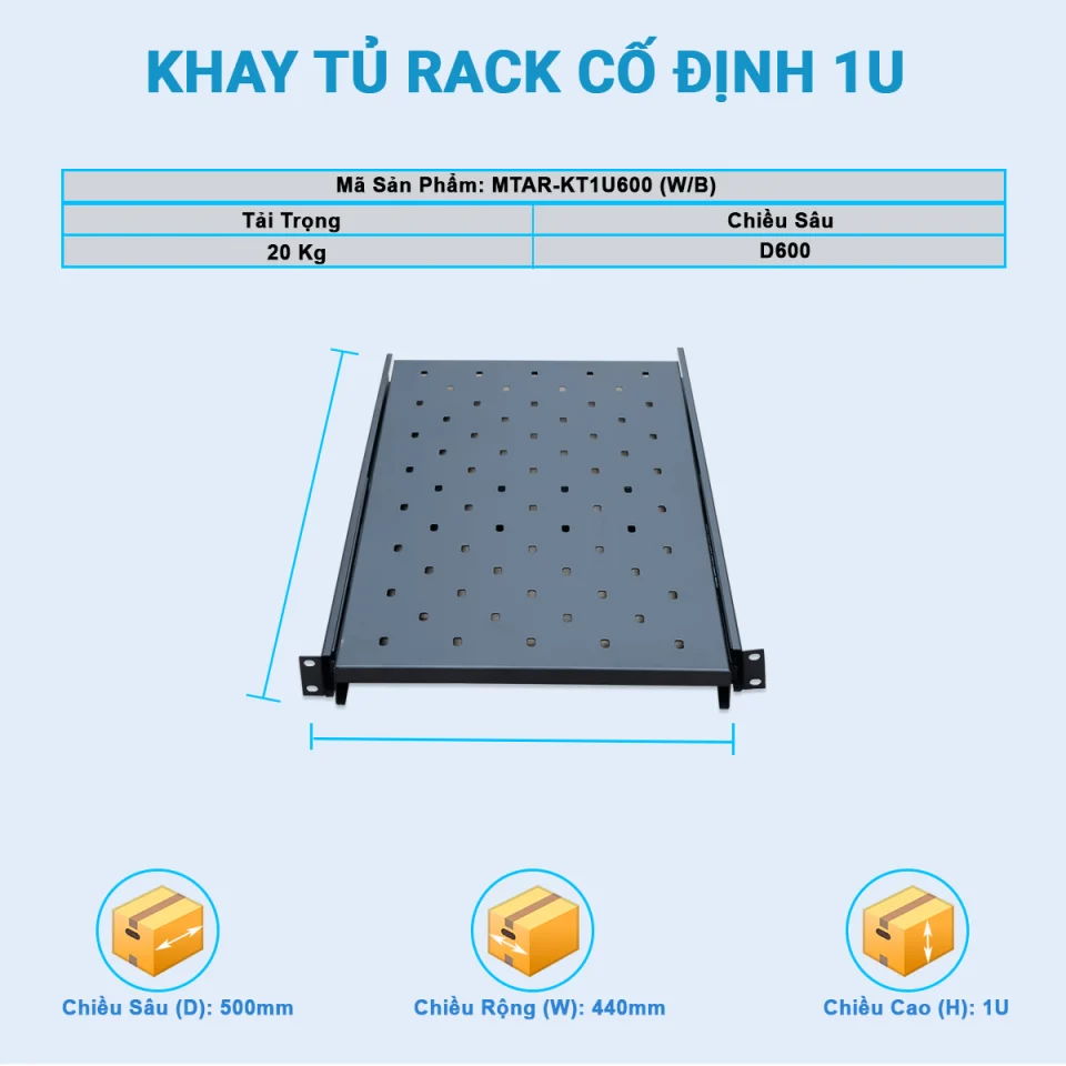 Chi tiết kích thước của khay trượt tủ rack 1UD600 Maxtel
