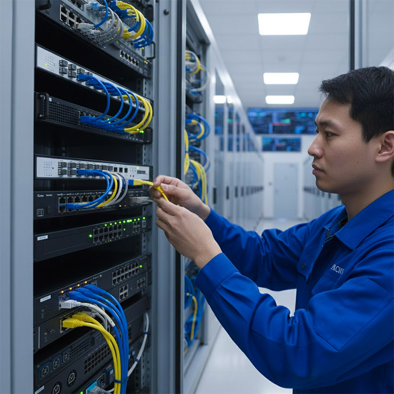 Converter 16 cổng SFP + 2 cổng RJ45 1G HDtec được lắp trong tủ rack đặt tại phòng server..