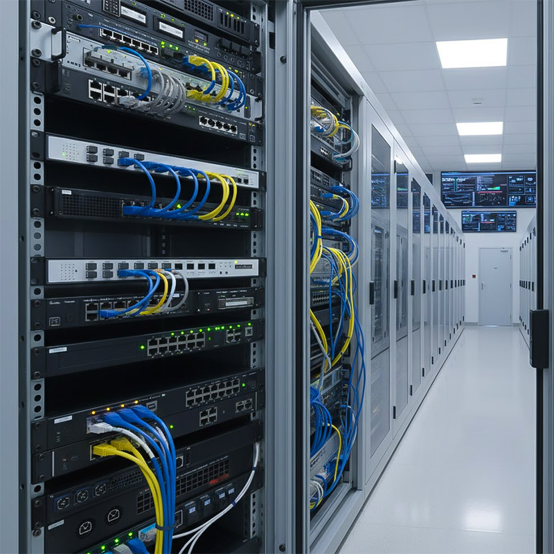 Converter 16 cổng SFP + 2 cổng RJ45 1G HDtec được lắp trong tủ rack đặt tại phòng server