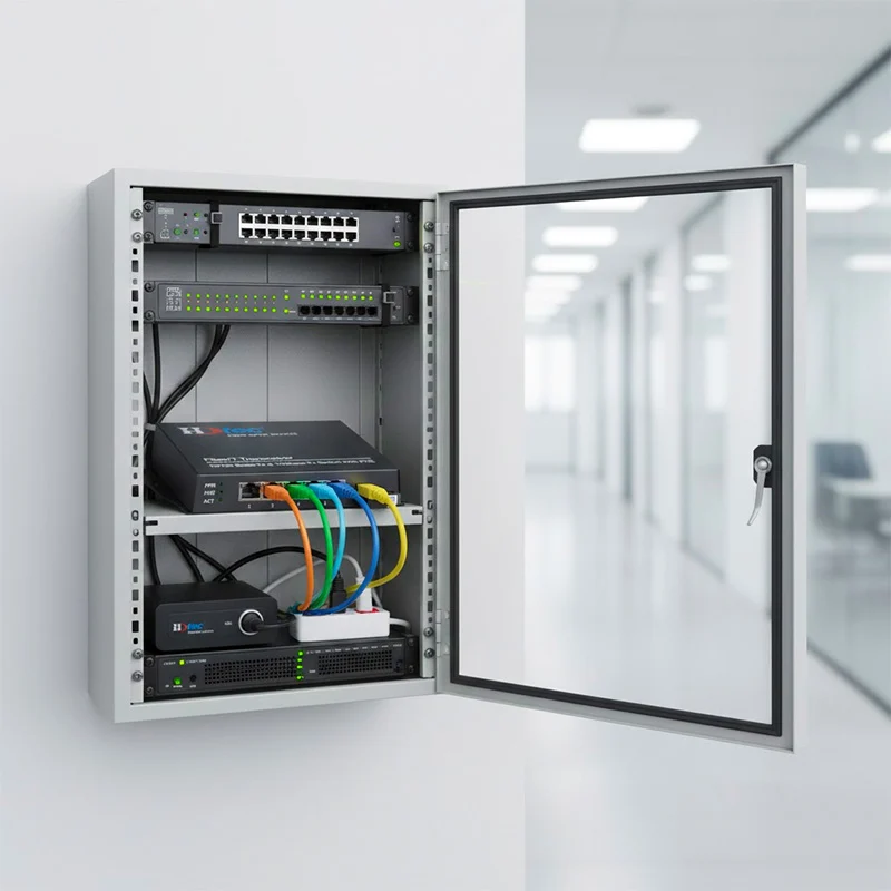 Converter HDTEC S 4 cổng RJ45 LAN 1G được lăp đặt trong tủ mạng