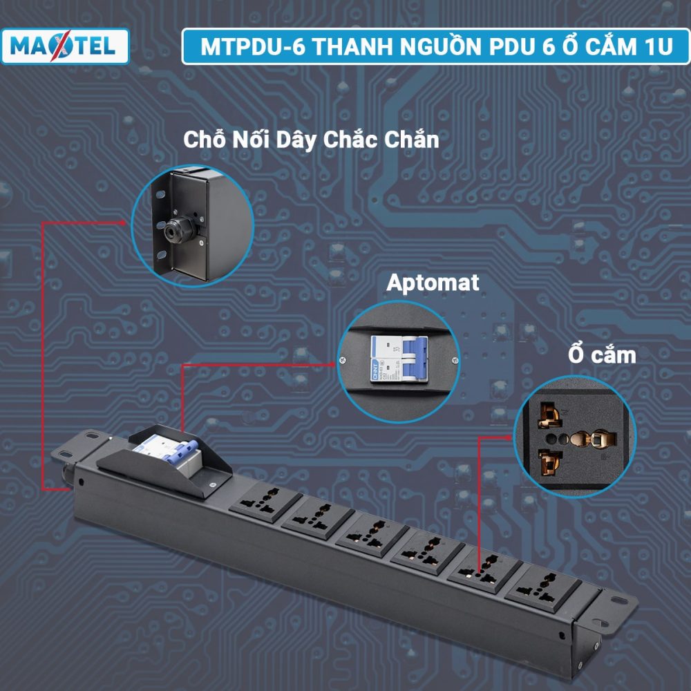 Thanh nguồn PDU 6 ổ 3 chấu có át