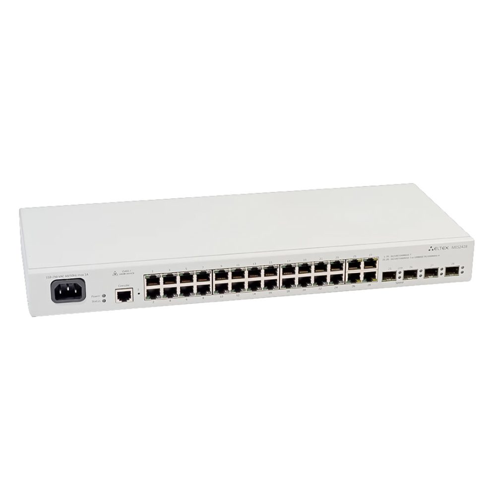 Góc nghiêng phải mặt trước switch chia mạng Eltex MES2428