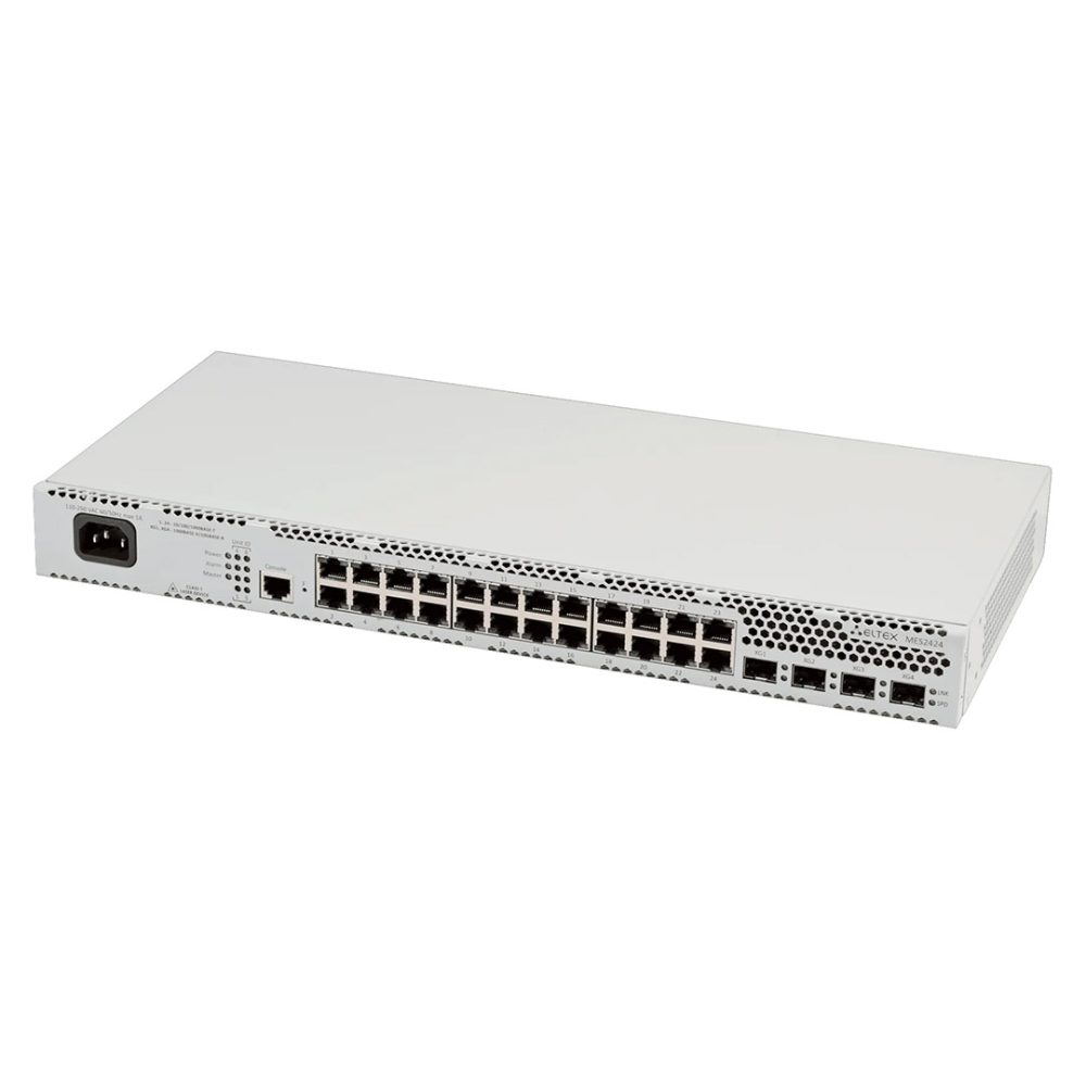 Góc nghiêng trái mặt trước switch Eltex MES2424 24 cổng RJ-45 + 4 cổng (SFP_SFP+)