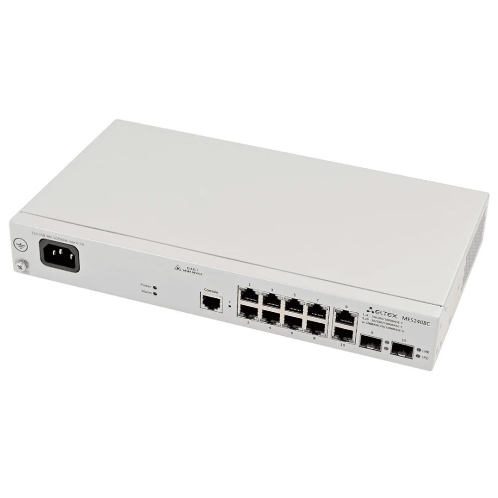 góc nghiêng trái mặt trước switch chia mạng Eltex MES2408C