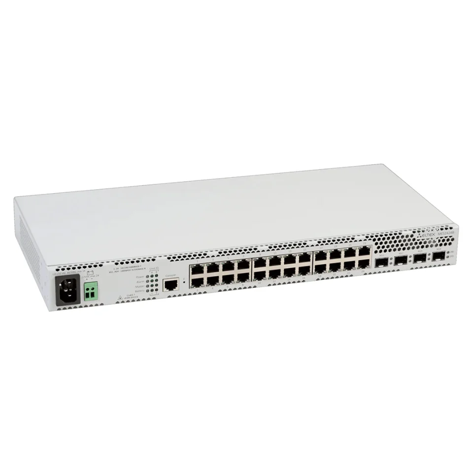 mặt trước góc nghiêng phải switch chia mạng Eltex MES2424B
