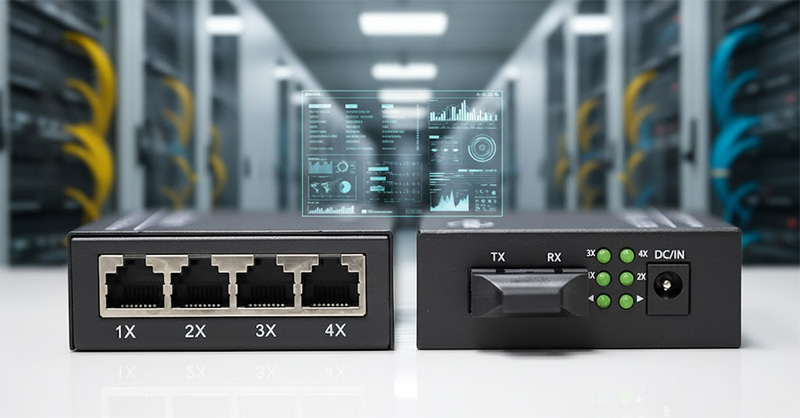 Các cổng kết nối của bộ chuyển đổi quang điện Upcom MC104-S-20 4x10_100M Base-T(X)+1x100M FX..