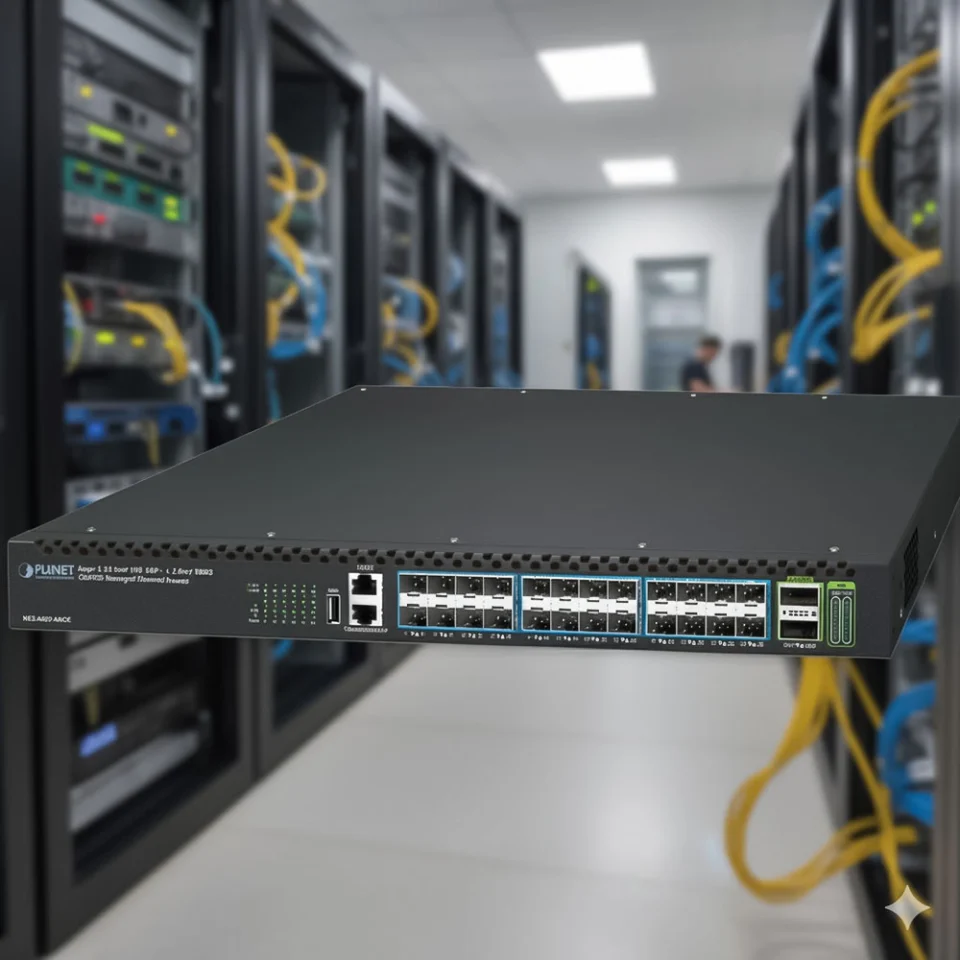 MẶt trước góc nghiêng trái Switch Planet XGS-6350-24X2C Layer 3 24x10G SFP+ + 2x100G QSFP28