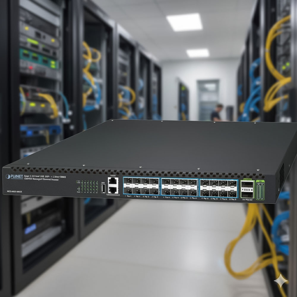 MẶt trước góc nghiêng trái Switch Planet XGS-6350-24X2C Layer 3 24x10G SFP+ + 2x100G QSFP28