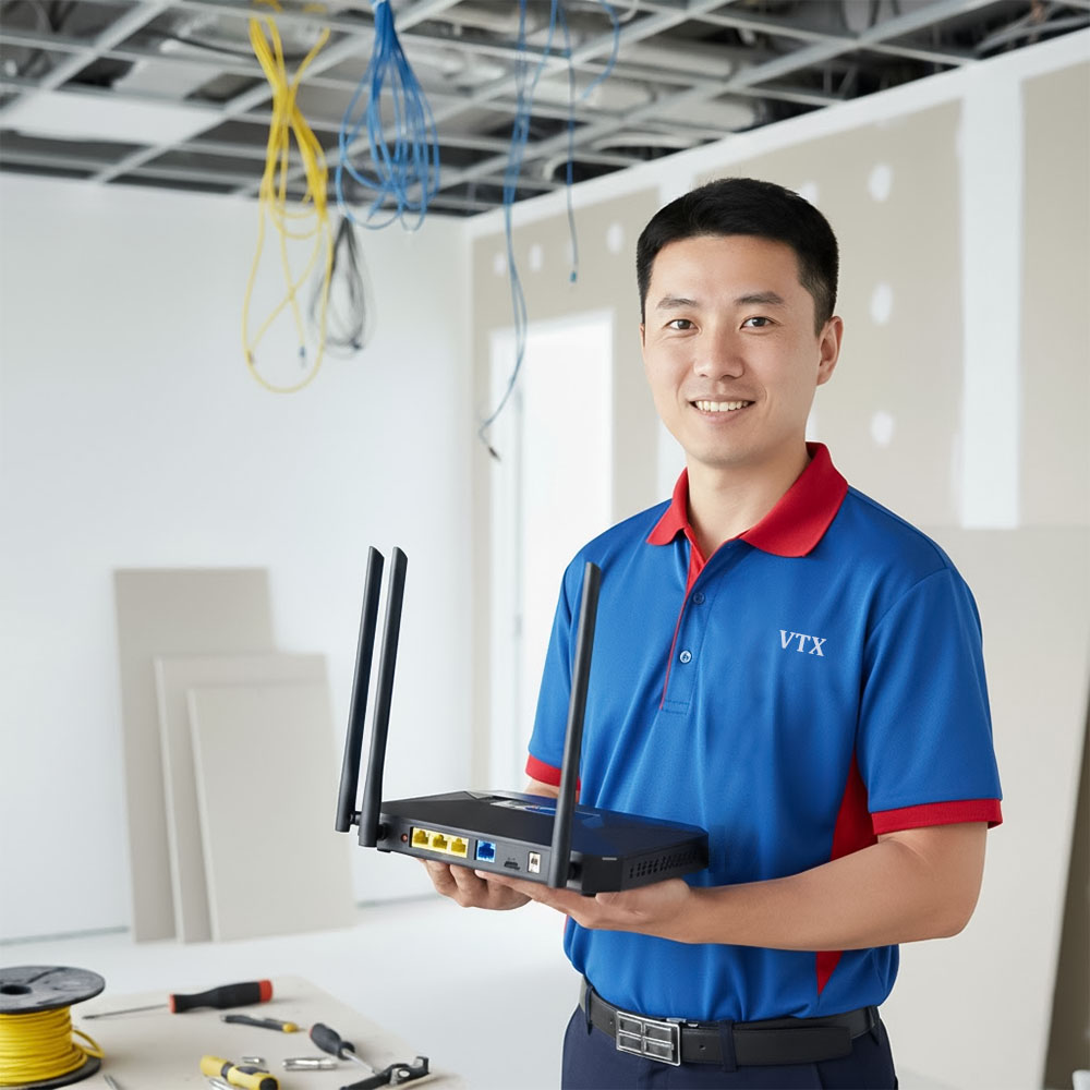Bộ chuyển mạch AirPro AP-DSG7510-48S6Q-HI 4G LTE đang được thi công trong hệ thống mạng văn phòng