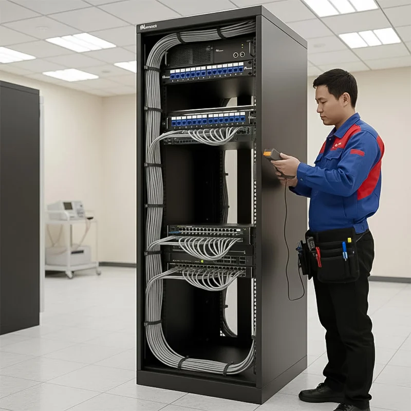 Patch panel Cat6 UTP ANCOMTECK 16 cổng ACT-16S1U được lắp đặt trong tủ rack