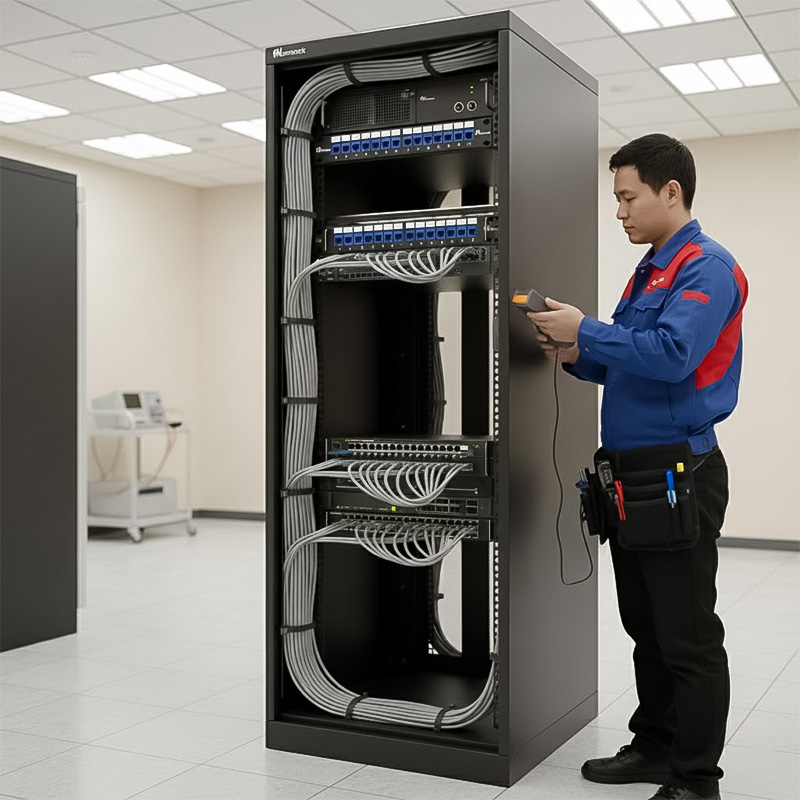 Patch panel Cat6 UTP ANCOMTECK 16 cổng ACT-16S1U được lắp đặt trong tủ rack