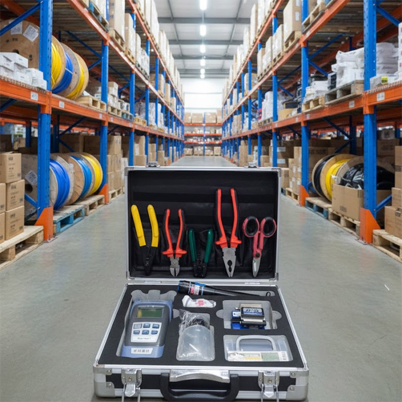 Bộ dụng cụ thi công cáp quang ANCOMTECK ACT- F506 được đặt trong nhà kho......
