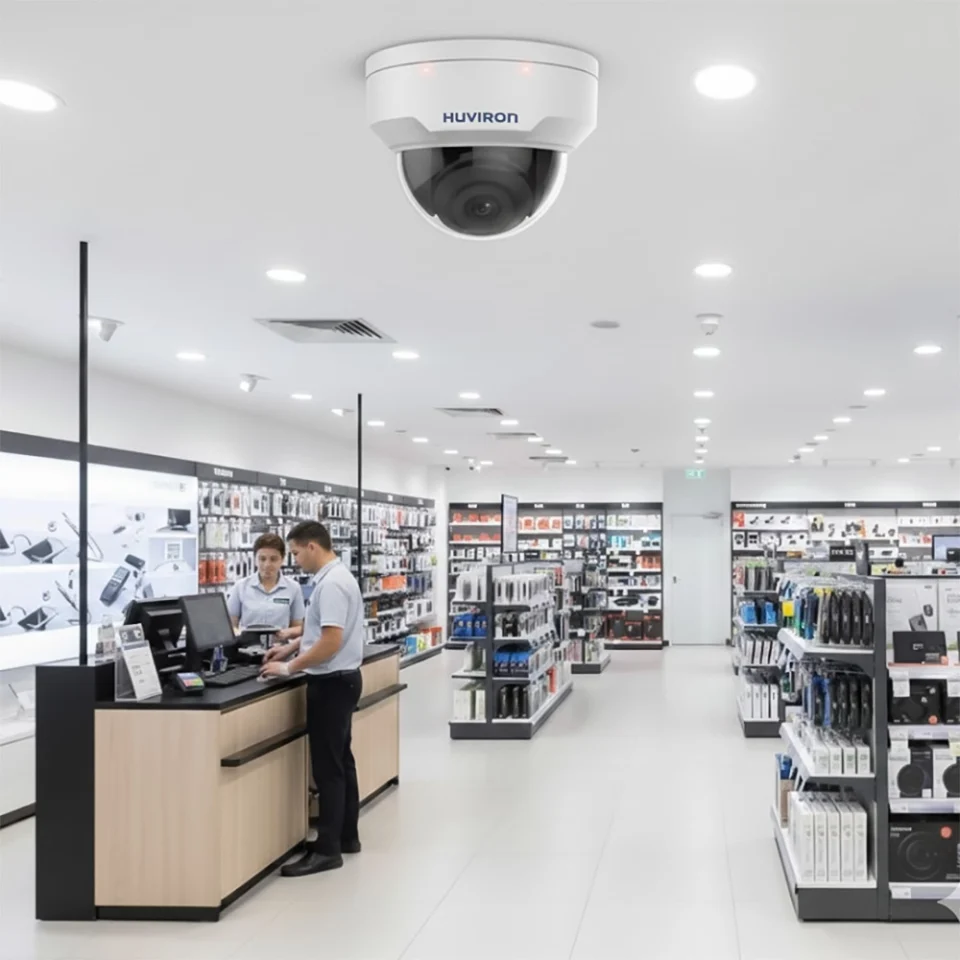 Camera DOME hồng ngoại HUVIRON HU-ND221DT_I3E 2MP được lắp đặt trên trần cửa hàng