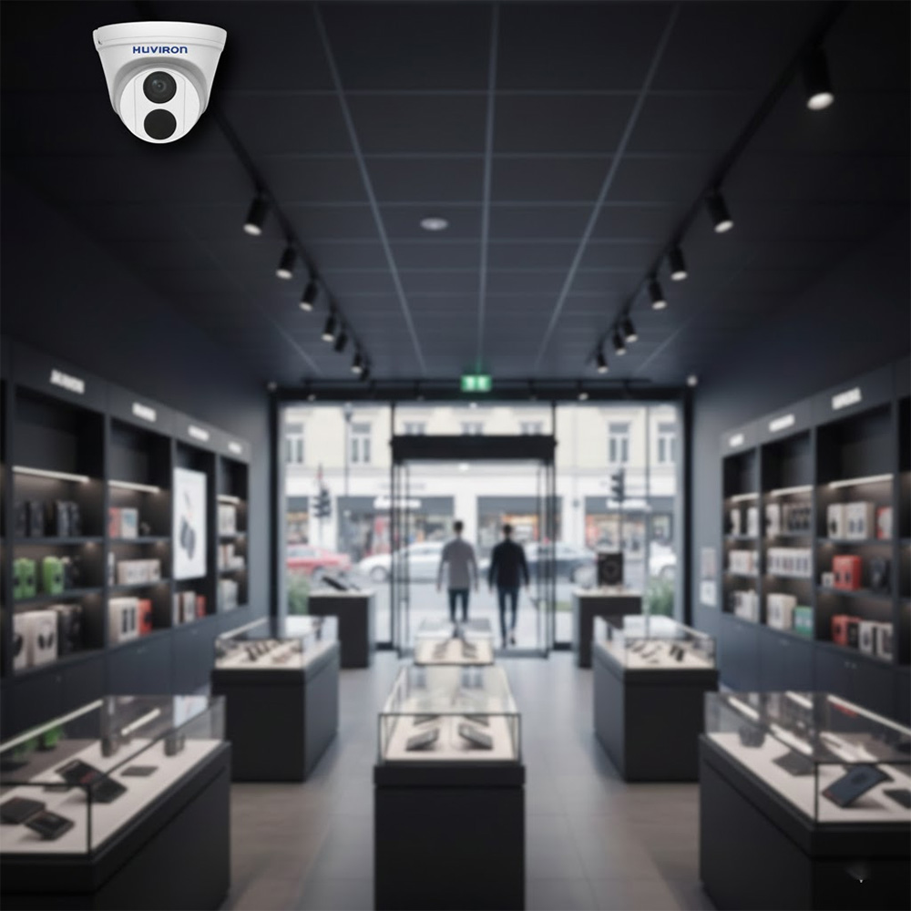 Camera DOME hồng ngoại HUVIRON HU-ND225_I3 2MP được lắp đặt tại cửa hàng