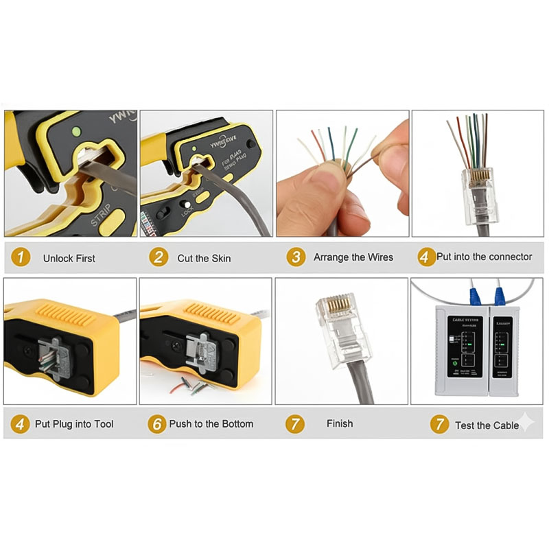Hướng dẫn các bước sử dụng Kìm Bấm Hạt Mạng Xuyên Thấu RJ45 , ACT-TK7066 Ancomteck