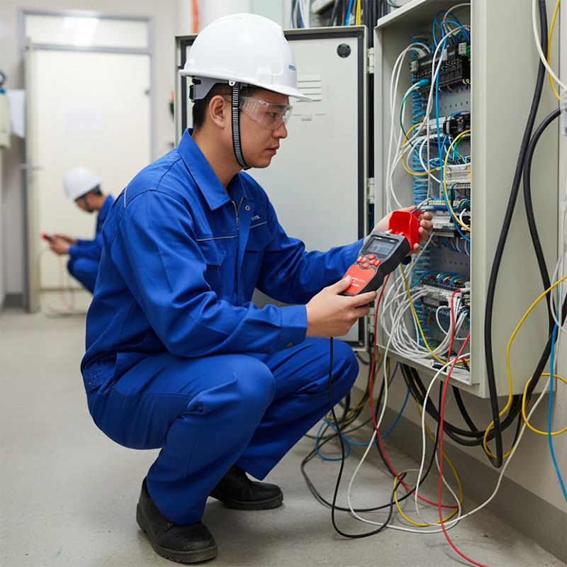 Kỹ thuật viên đang sử dụng Máy đo công suất quang và soi lỗi sợi quang NOYAFA NF-907C...