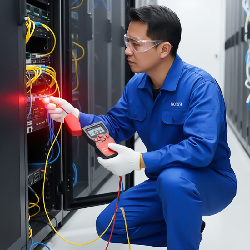 Kỹ thuật viên đang sử dụng Máy đo công suất quang và soi lỗi sợi quang NOYAFA NF-907C