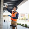 Kỹ thuật viên đang sử dụng Thiết bị kiểm tra camera NOYAFA NF-IPC722 ATCHS ALL IN ONE để kiểm tra tín hiệu camera