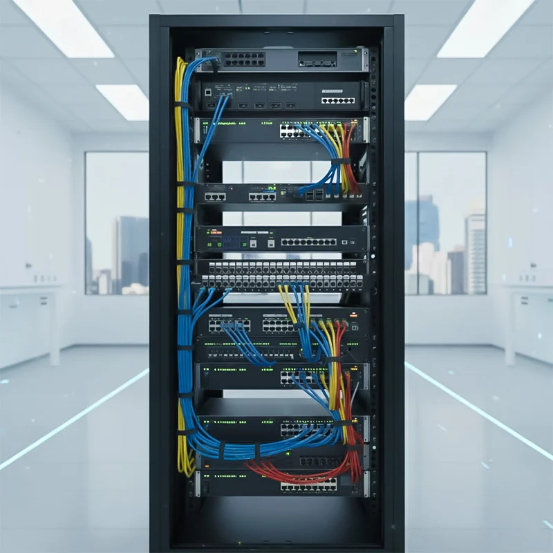 Patch panel ANCOMTECK 16 cổng ACT-16S1U được lắp đặt trong hệ thống tủ rack