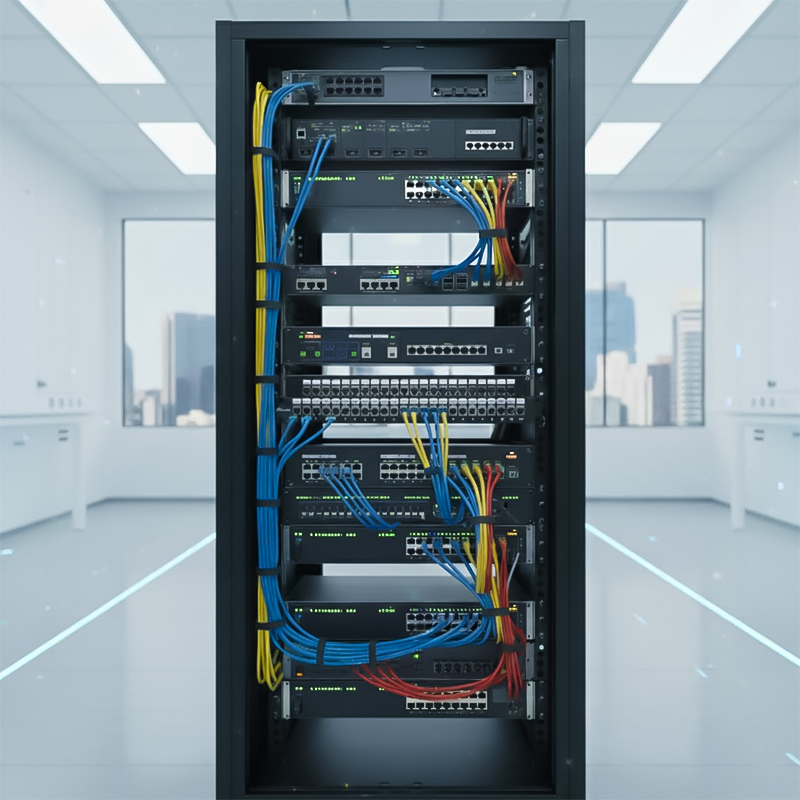 Patch panel ANCOMTECK 16 cổng ACT-16S1U được lắp đặt trong hệ thống tủ rack