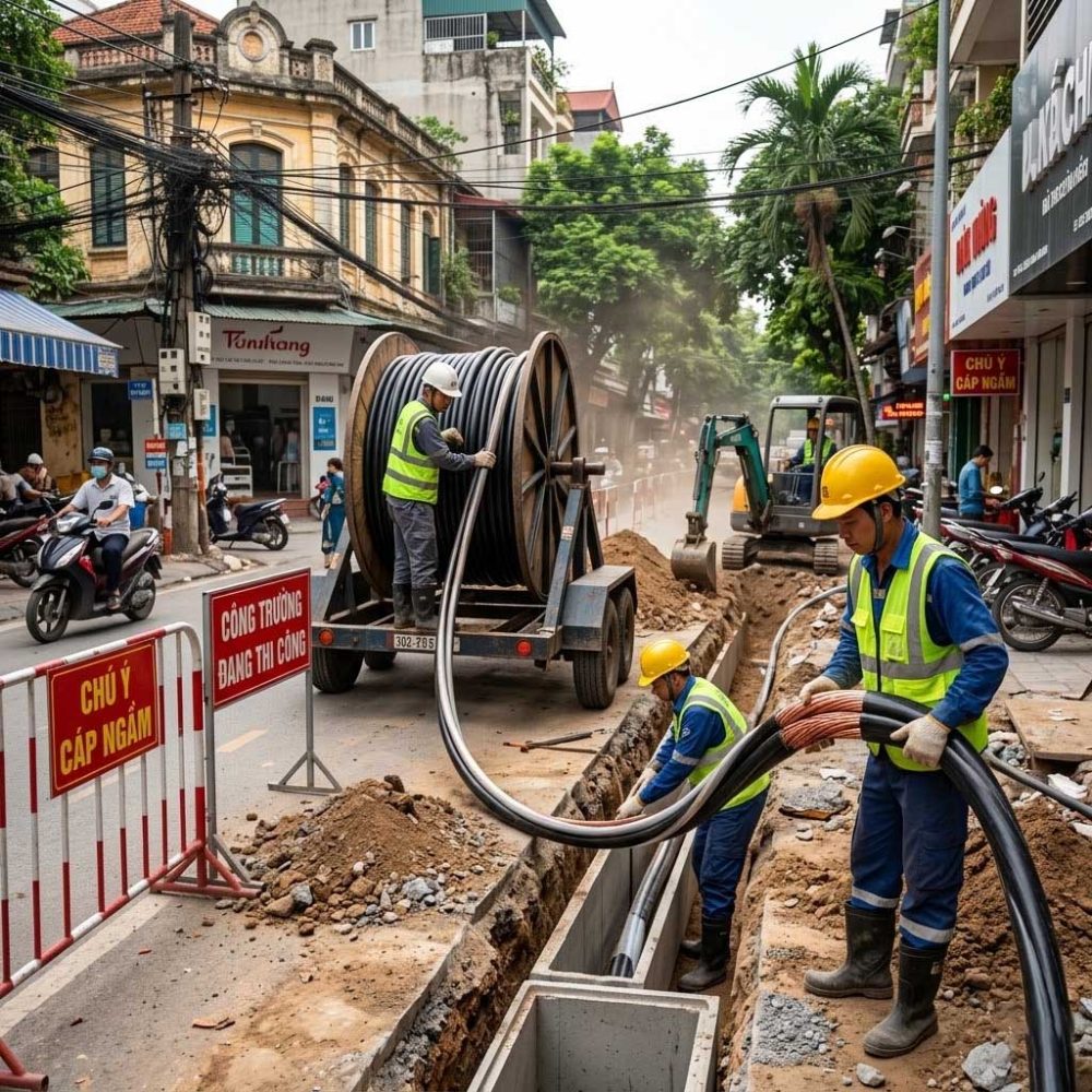 Cáp điện 1 lõi hạ thế CXV đang được thi công