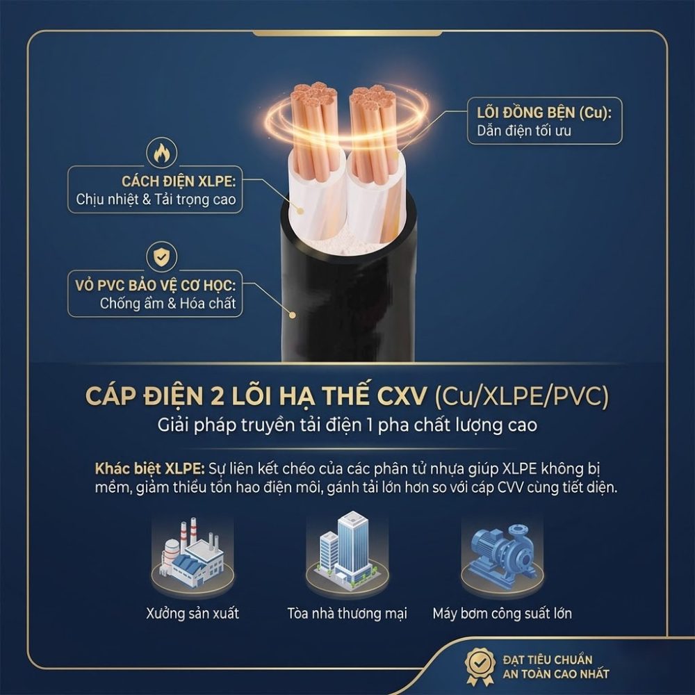 Cáp điện 2 lõi hạ thế CXV (Cu/XLPE/PVC)