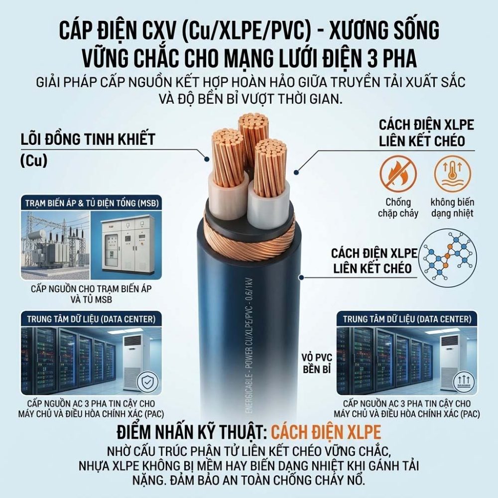 Cáp điện 3 lõi hạ thế CXV (Cu/XLPE/PVC)