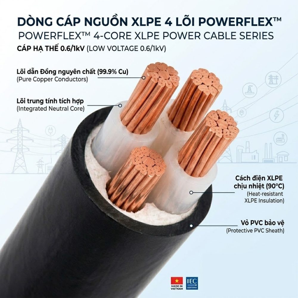 Cáp điện 4 lõi hạ thế CXV (Cu/XLPE/PVC)
