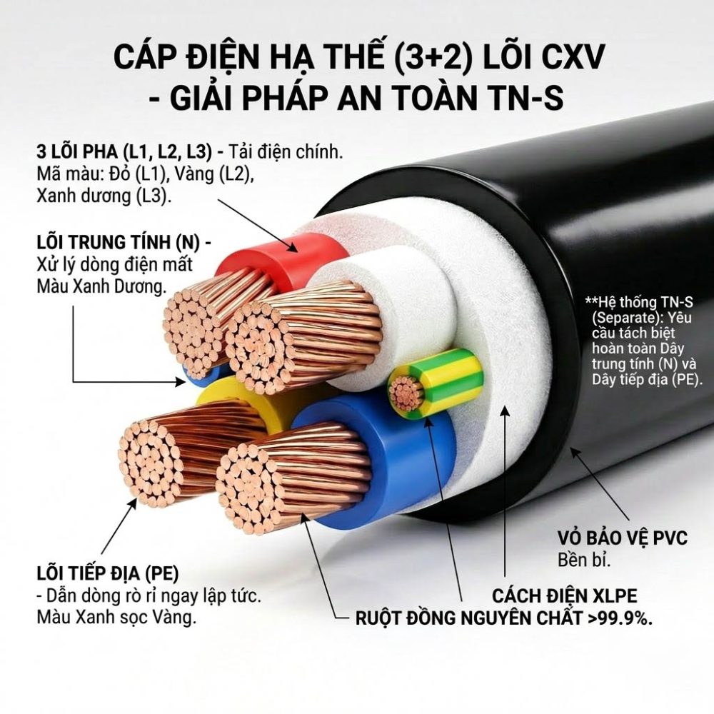 Cáp điện (3+2) lõi hạ thế CXV (Cu/XLPE/PVC)