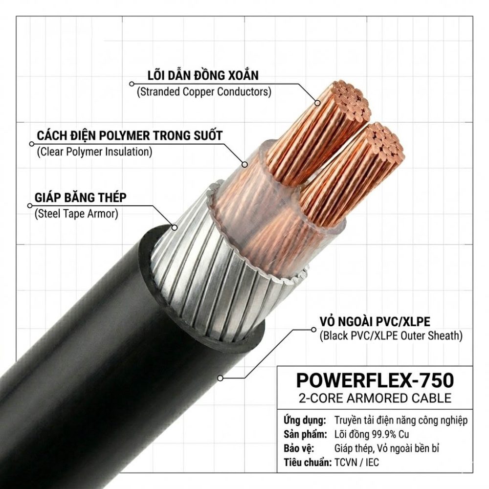 Cáp ngầm 2 lõi hạ thế CXV/DSTA (Cu/XLPE/PVC/DSTA/PVC)