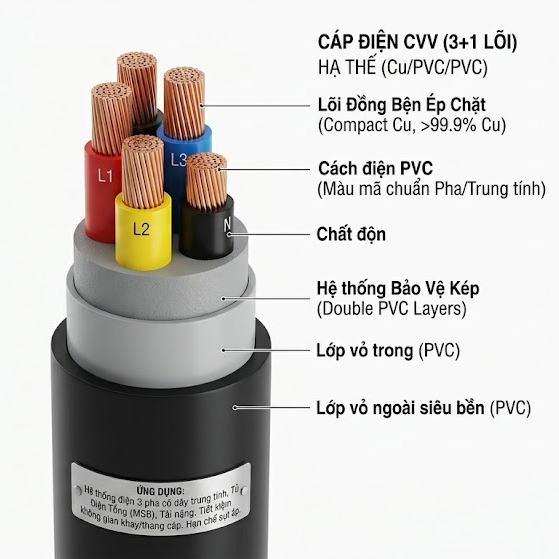 Cáp điện (3+1) lõi hạ thế CVV (Cu/PVC/PVC)