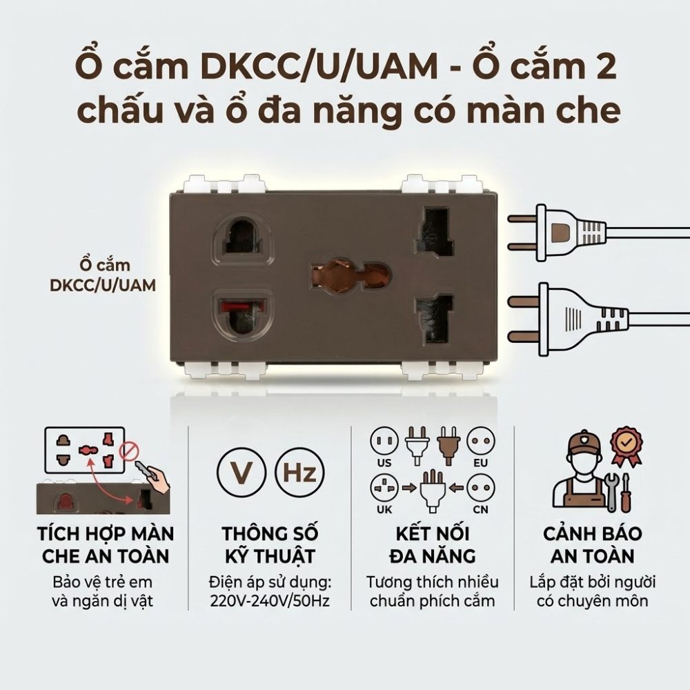 Ổ Cắm 2 Chấu Và Đa Năng Có Màn Che DKCC/U/UAM