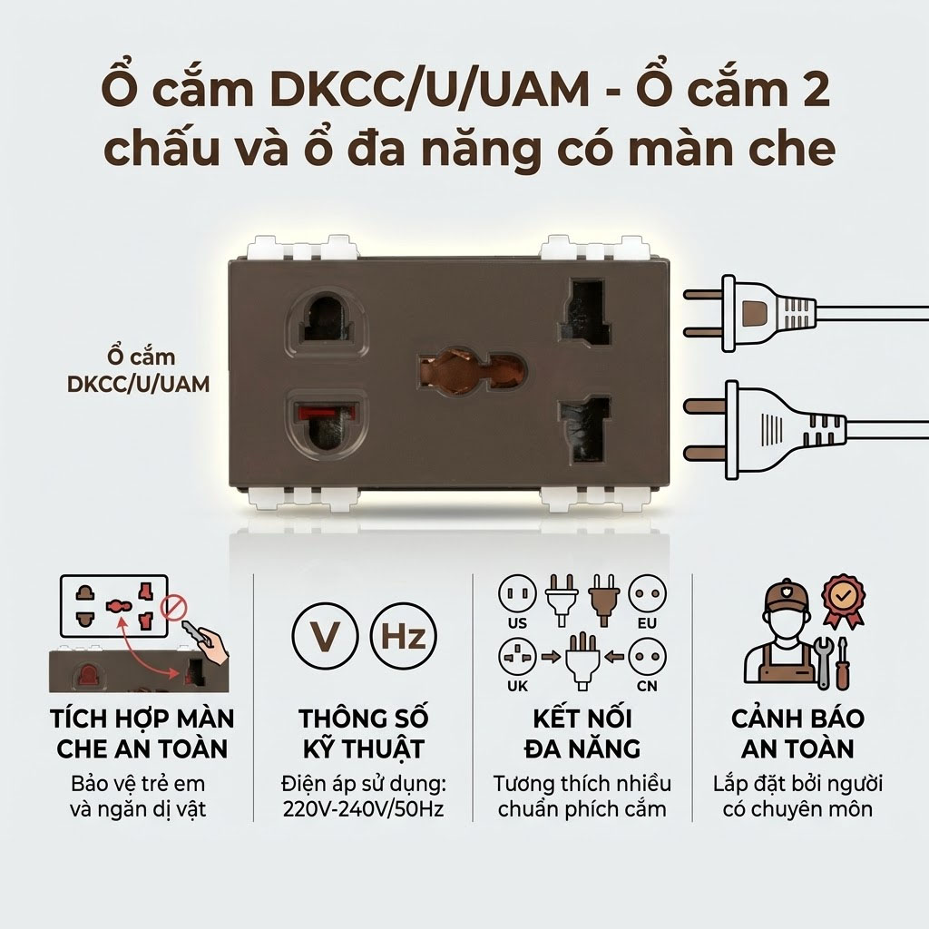 Ổ Cắm 2 Chấu Và Đa Năng Có Màn Che DKCC U UAM